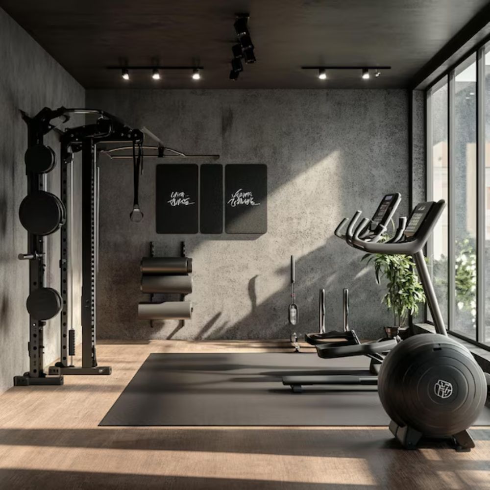 Modern gym interior with exercise equipment and motivational wall art.
