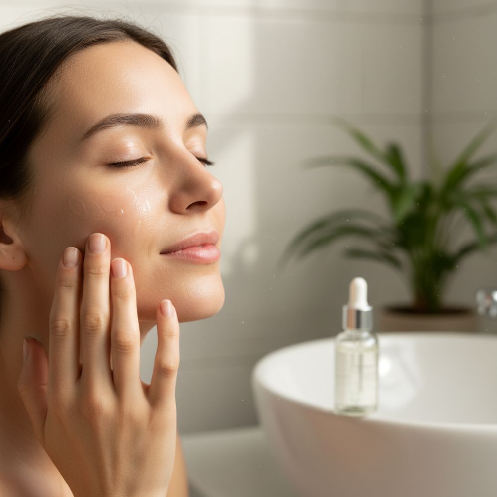 Woman applying skincare product to her face with a dropper bottle on a bathroom counter.